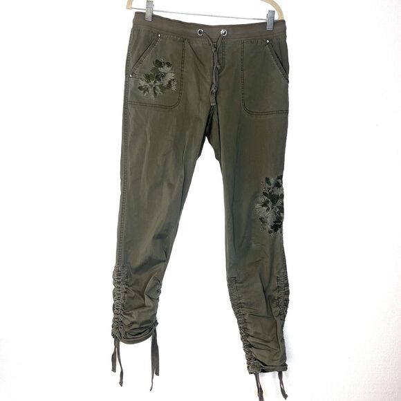 INC International Concepts Y2K Green Khaki Ruched Ankle Embroidered Pants size 4 - Picture 1 of 8